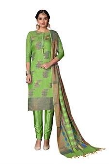 Women'S Lime Green Heavy Banarasi Jacquard Semi-Stitched Dress Material
