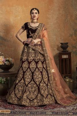 Maroon Embroidered Velvet Semi Stitched Lehenga 1