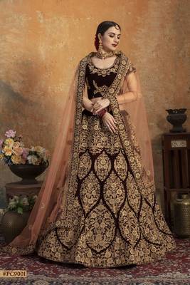 Maroon Embroidered Velvet Semi Stitched Lehenga 2