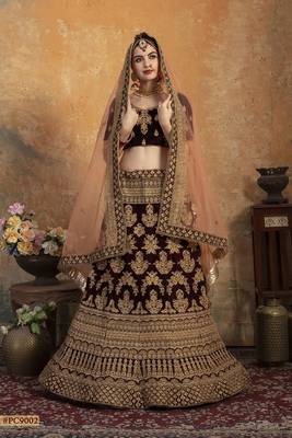 Maroon Embroidered Velvet Semi Stitched Lehenga 2
