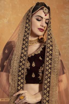 Maroon Embroidered Velvet Semi Stitched Lehenga 3