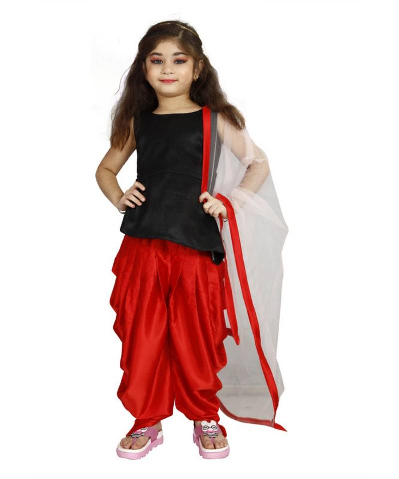 Kids Cotton Silk Black Top And Red Patiala Dress For Girls