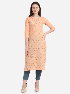 Peach printed cotton long-kurtis 1