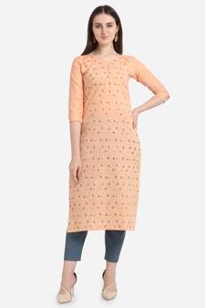 Peach printed cotton long-kurtis