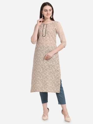 Beige printed cotton long-kurtis 1