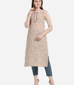 Beige printed cotton long-kurtis