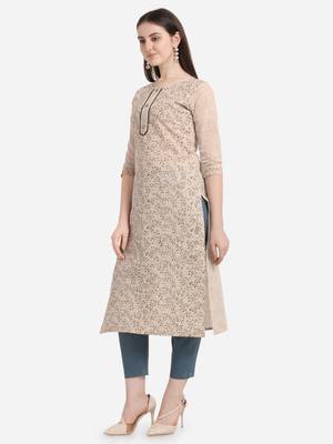 Beige printed cotton long-kurtis 3
