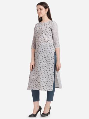 Grey printed cotton long-kurtis 3