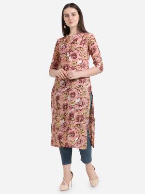 Pink printed cotton long-kurtis 1