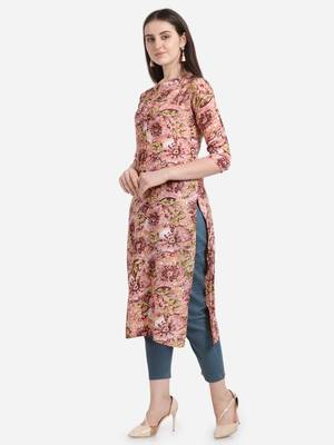 Pink printed cotton long-kurtis 3