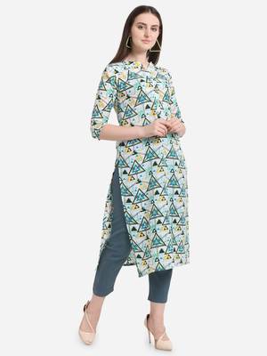 Blue printed cotton long-kurtis 3