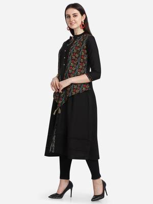 Black embroidered viscose kurtas-and-kurtis 3