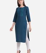 Green embroidered viscose kurtas-and-kurtis