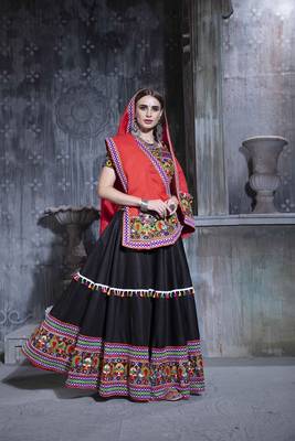Black Embroidered Cotton Semi Stitched Lehenga 1