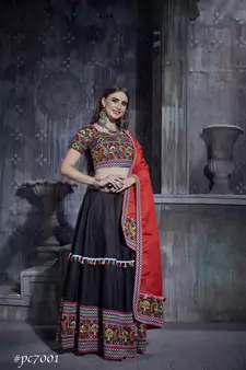 Black Embroidered Cotton Semi Stitched Lehenga