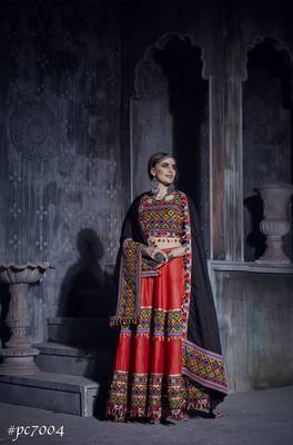 Red Embroidered Cotton Semi Stitched Lehenga 1