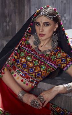 Red Embroidered Cotton Semi Stitched Lehenga 2