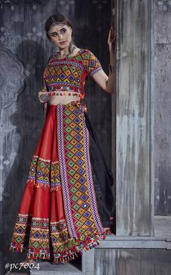 Red Embroidered Cotton Semi Stitched Lehenga 3
