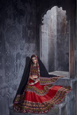 Red Embroidered Cotton Semi Stitched Lehenga 4