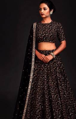 Black Embroidered Art Silk Semi Stitched Lehenga 3