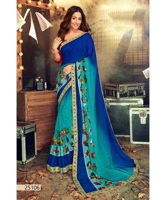 blue printed georgette saree with blouse 1