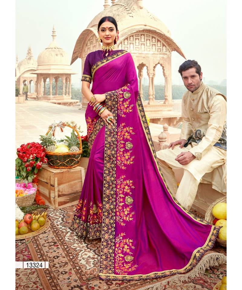 magenta embroidered silk saree with blouse