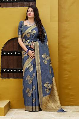 Dark grey woven banarasi silk saree with blouse 1