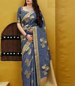 Dark grey woven banarasi silk saree with blouse