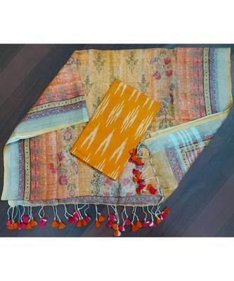 orange woven cotton unstitched top with dupatta 1