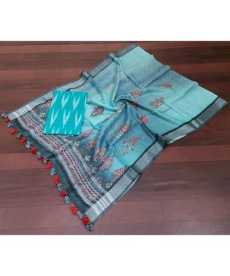 turquoise woven cotton unstitched top with dupatta 1
