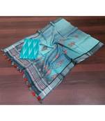 turquoise woven cotton unstitched top with dupatta