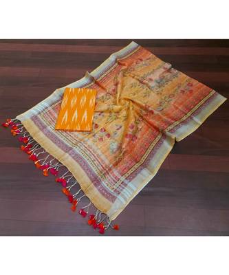 orange woven cotton unstitched top with dupatta 1