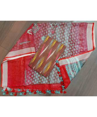 brown woven cotton unstitched top with dupatta 1