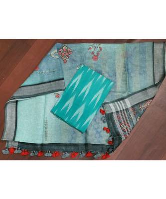 turquoise woven cotton unstitched top with dupatta 1