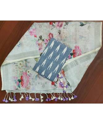 grey woven cotton unstitched top with dupatta 1