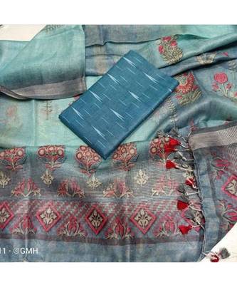 grey woven cotton unstitched top with dupatta 1