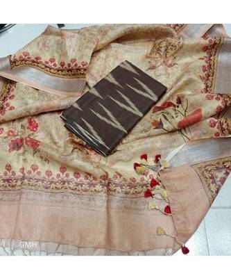 brown woven cotton unstitched top with dupatta 1