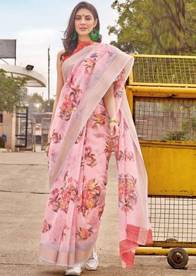 Pink printed faux linen saree with blouse 1