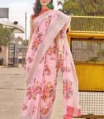 Pink printed faux linen saree with blouse