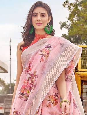 Pink printed faux linen saree with blouse 2