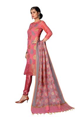 Kimisha Women's Light-Pink Banarasi Heavy Silk Banarasi Semi-stitched Salwar Suit Material 4