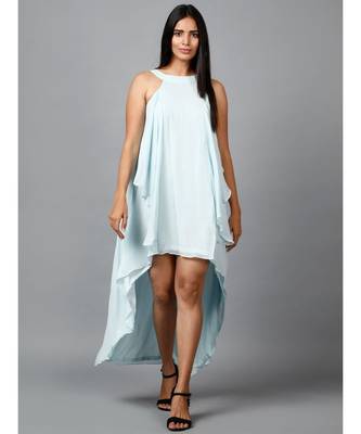 Women's Halter Neck Ruffle Drape Georgette Party/ Evening Gown in Light Blue 1
