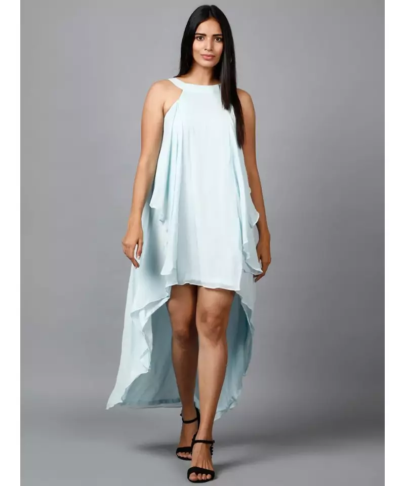 Women's Halter Neck Ruffle Drape Georgette Party/ Evening Gown in Light Blue