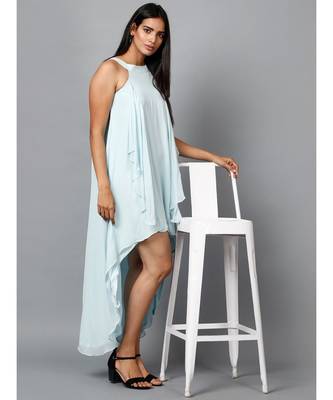Women's Halter Neck Ruffle Drape Georgette Party/ Evening Gown in Light Blue 4
