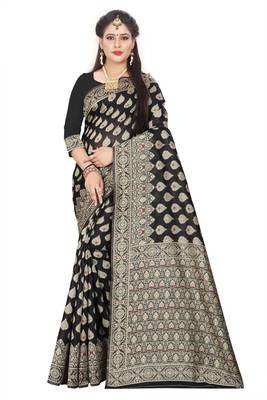 Black woven banarasi silk saree with blouse 1