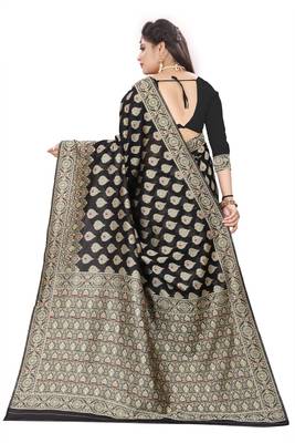 Black woven banarasi silk saree with blouse 4