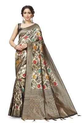 Off White Lichi Silk Floral Print Saree with Blouse Piece 1