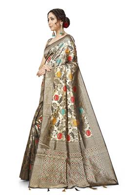 Off White Lichi Silk Floral Print Saree with Blouse Piece 2