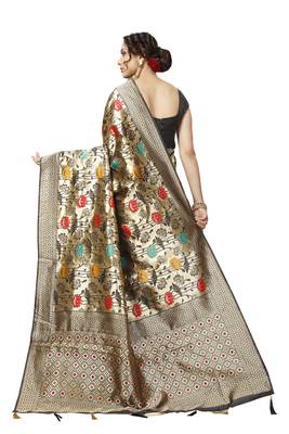 Off White Lichi Silk Floral Print Saree with Blouse Piece 3