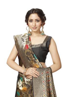 Off White Lichi Silk Floral Print Saree with Blouse Piece 4